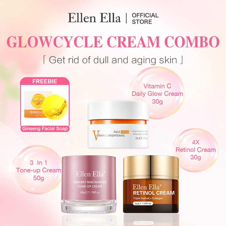 BUY NOW GET GINSENG SOAP FREE-ELLEN ELLA GlowCycle Cream Combo - Vit C Cream for Morning Boost, 3-in-1 Tone up Cream for Day Glow, Retinol Cream for Night Renew - Get rid of dull and aging skin