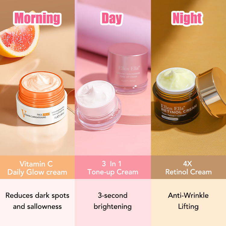 BUY NOW GET GINSENG SOAP FREE-ELLEN ELLA GlowCycle Cream Combo - Vit C Cream for Morning Boost, 3-in-1 Tone up Cream for Day Glow, Retinol Cream for Night Renew - Get rid of dull and aging skin