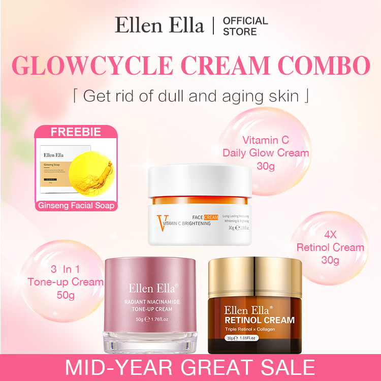 BUY NOW GET GINSENG SOAP FREE-ELLEN ELLA GlowCycle Cream Combo - Vit C Cream for Morning Boost, 3-in-1 Tone up Cream for Day Glow, Retinol Cream for Night Renew - Get rid of dull and aging skin