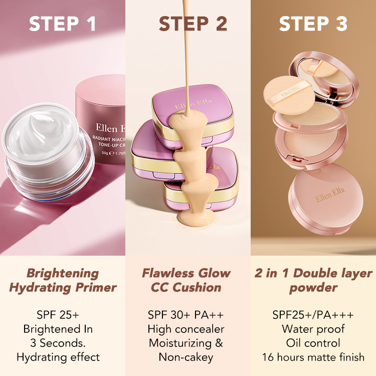 Ellen Ella Complete Makeup Combo-High Concealer-Oil control-SPF 30+PA++ -16H FlawlessFinish-Brightening Hydrating Primer|Flawless Glow CC Cushion|Double layer powder