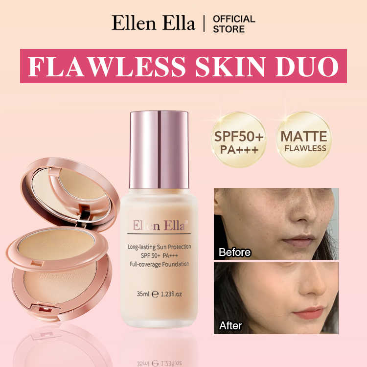 2PCS 1590-Ellen Ella Flawless Makeup duo-High Concealer-Oil control-SPF 50+PA+++ -Sunscreen Foundation and double layer powder-Buy now get freeebie