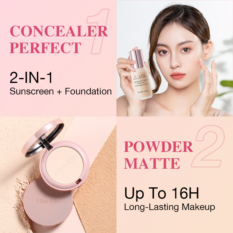 2PCS 1590-Ellen Ella Flawless Makeup duo-High Concealer-Oil control-SPF 50+PA+++ -Sunscreen Foundation and double layer powder-Buy now get freeebie