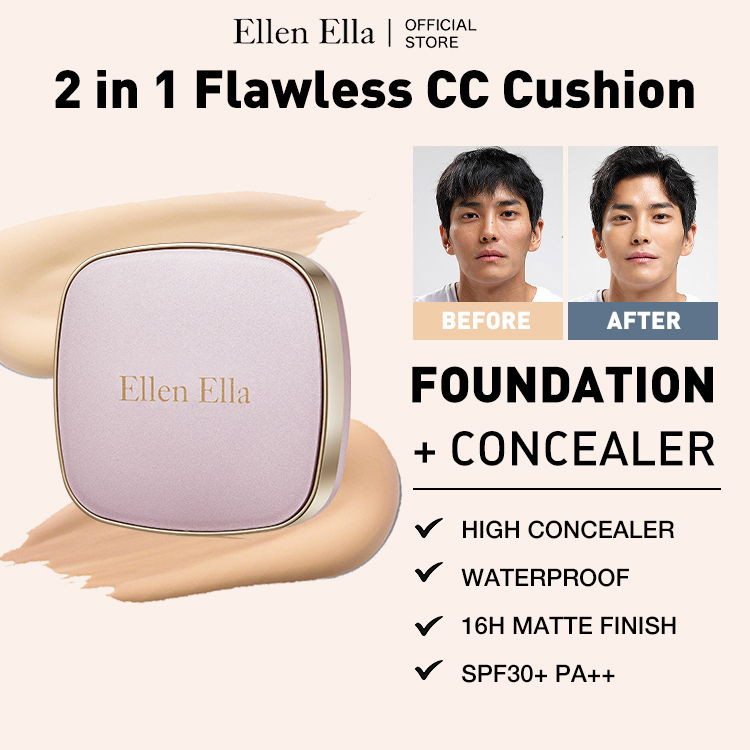 Ellen Ella 2 in 1 Flawless CC Cushion Foundation - High concealer, 16h matte finish, SPF30+ PA++
