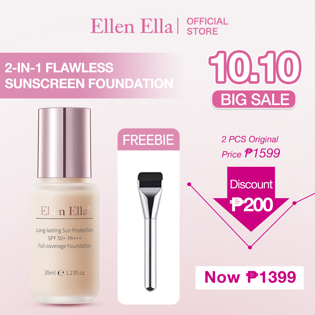 Second one only 300pesos-SPF50+ Ellen Ella 2-in-1 flawless sunscreen foundation-Buy now get a free Concealer and Korean foundation brush-35ml 1 bottle can be used for 6 months
