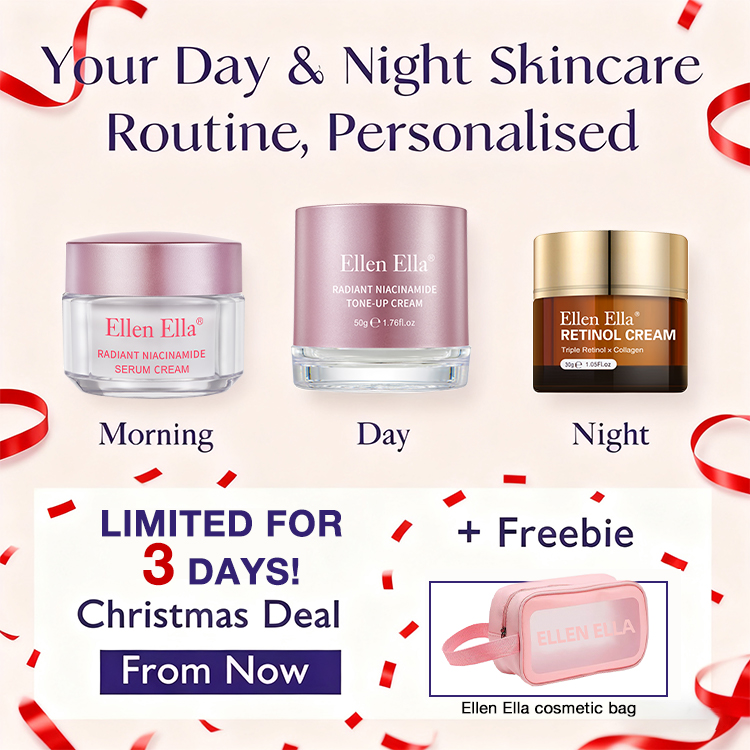 Christmas Mega Sale — Get A Free Ellen Ella Makeup Bag-Ellen Ella 3-in-1 Whitening & Anti-Aging Set – Niacinamide Serum, Retinol, Tone-Up Cream – Brightening, Spot Lightening, Anti-Wrinkle, Sun Protection