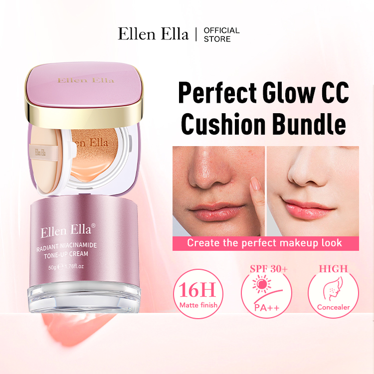 2 steps get perfect makeup-Ellen Ella Perfect Glow CC Cushion Bundle-Brightening Hydrating Primer and CC Cushion Foundation