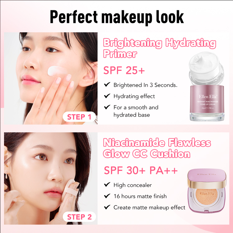 2 steps get perfect makeup-Ellen Ella Perfect Glow CC Cushion Bundle-Brightening Hydrating Primer and CC Cushion Foundation