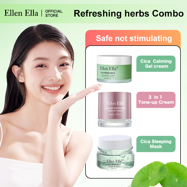 ELLEN ELLA  Refreshing Herbs Skincare Trio - Morning Tightening Gel Cream , Day Glossing 3in1 Tone up cream , Night Repairing Sleeping Mask - Suit for all skin types, oily and sensitive skin