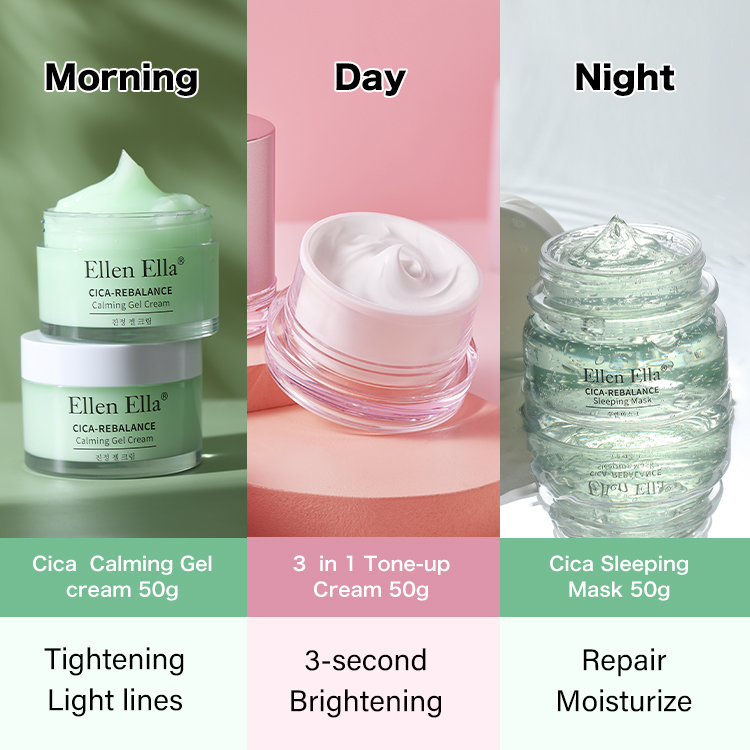 ELLEN ELLA  Refreshing Herbs Skincare Trio - Morning Tightening Gel Cream , Day Glossing 3in1 Tone up cream , Night Repairing Sleeping Mask - Suit for all skin types, oily and sensitive skin